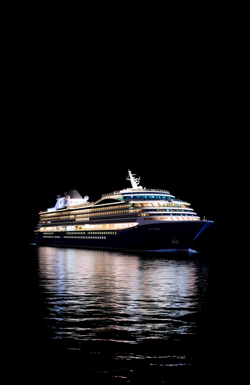 A luxurious cruise ship gracefully sailing on calm waters against a dramatic black background