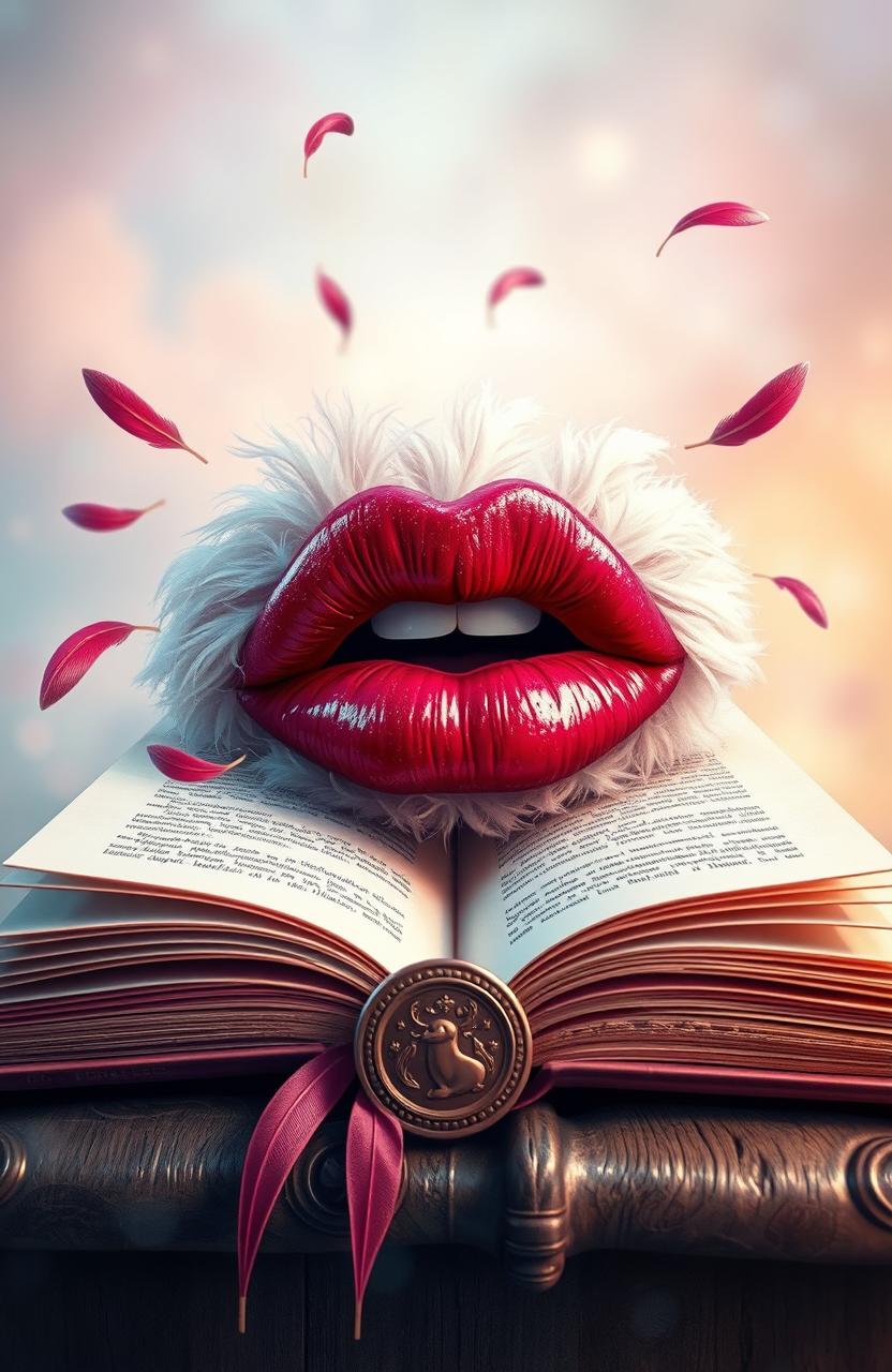 A beautifully detailed artistic representation featuring a pair of vibrant, luscious lips adorned with feather-like textures