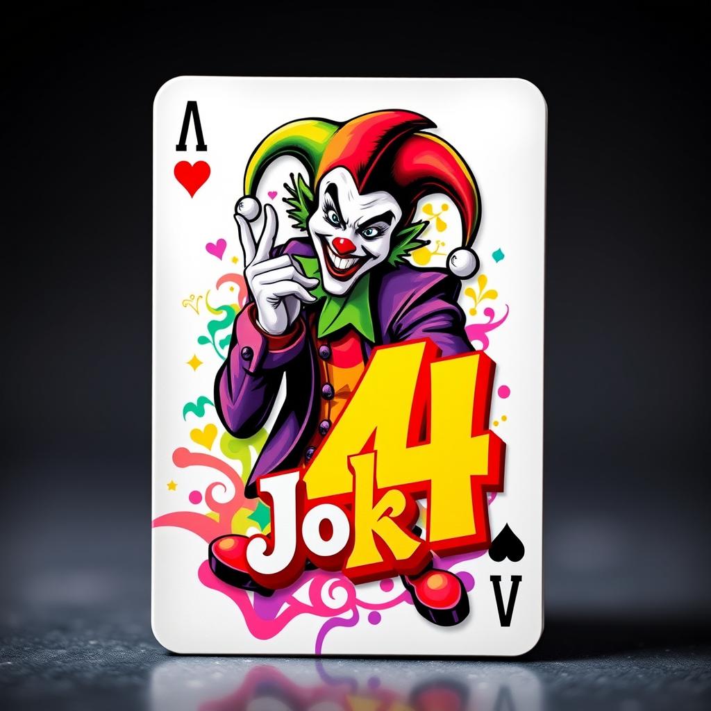 A striking cover design for a playing card featuring the Joker character, prominently displaying the number 4