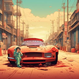 A retro-anime aesthetic scene inspired by Studio Ghibli. It showcases a racecar driver resting near a crashed red racecar, designed by Hayao Miyazaki.