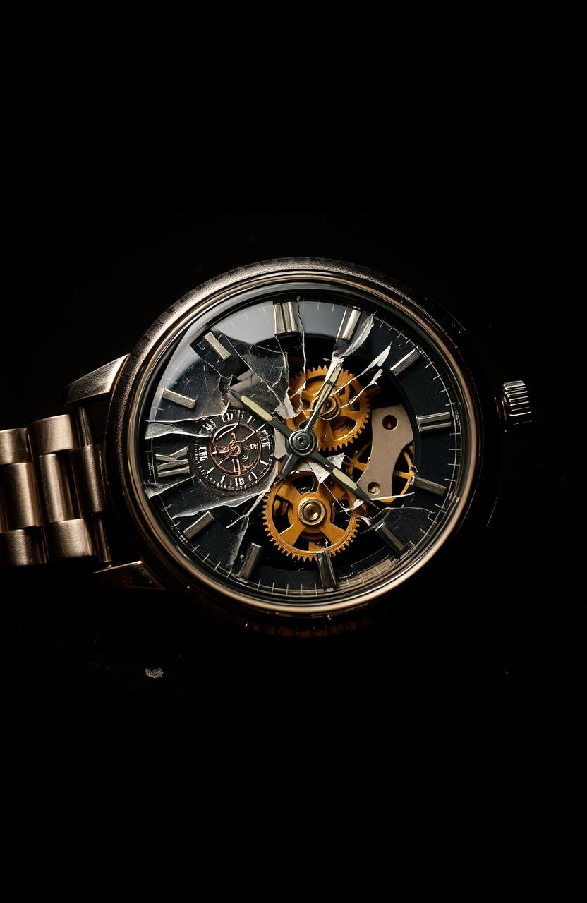 A broken hand watch lying on a black background, the watch face shattered with cracks, dark metallic colors for the body, intricate details of the gears visible inside the broken casing, dramatic lighting highlighting the shattered glass and the broken parts, creating an artistic and poignant mood