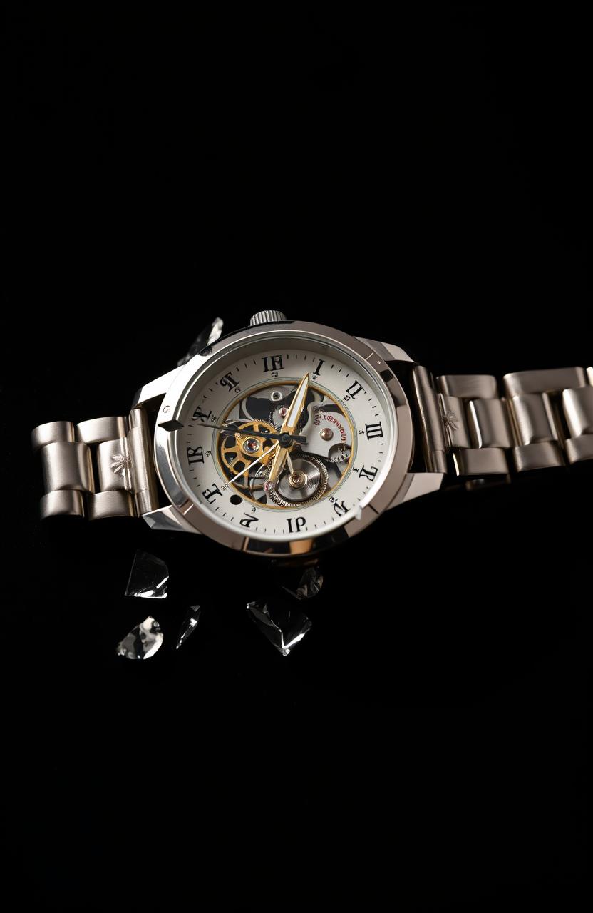 A broken female wristwatch with intricate designs, lying on a smooth black background
