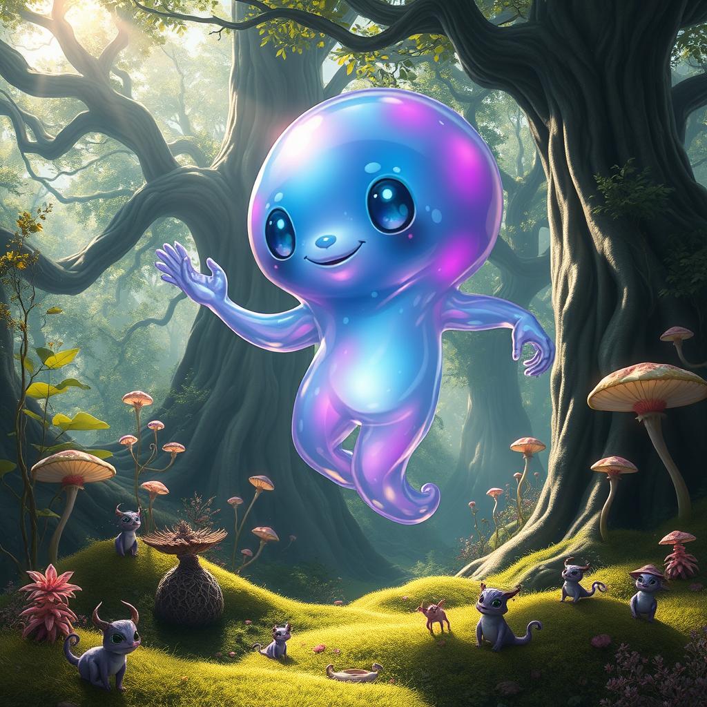 A vibrant and translucent plasmoid creature from a fantasy Dungeons & Dragons setting, floating in a lush, enchanted forest
