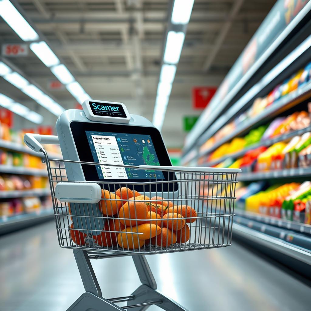 A futuristic shopping cart equipped with a high-tech scanner displaying a grocery list and a digital map indicating the locations of items in a supermarket