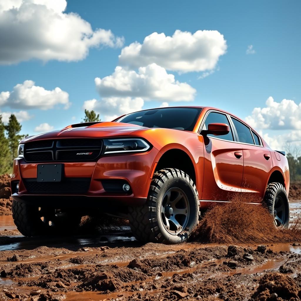 A powerful Dodge Charger equipped with rugged mud tires, showcasing its robust design and sporty lines
