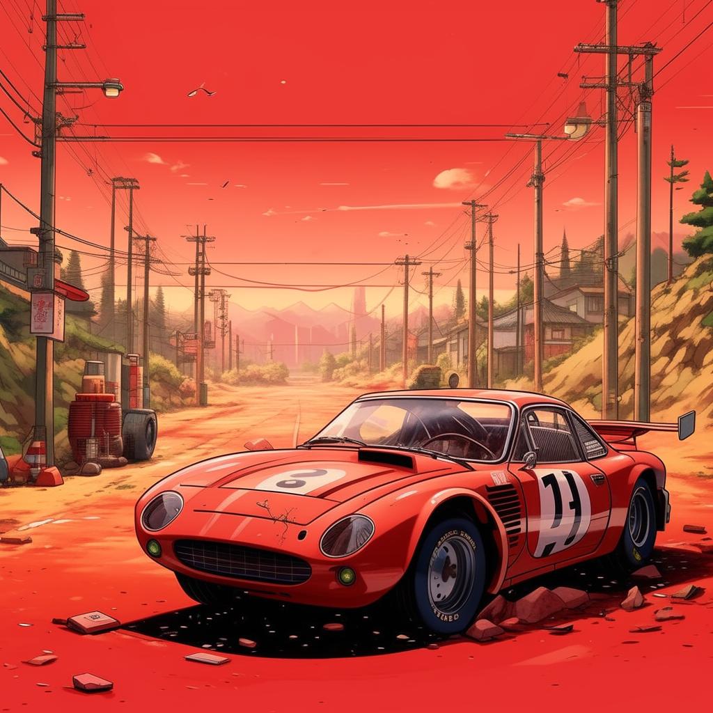 A retro-anime aesthetic scene inspired by Studio Ghibli. It showcases a racecar driver resting near a crashed red racecar, designed by Hayao Miyazaki.