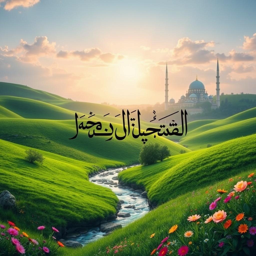 A serene scene featuring the Arabic text "Juma Muborak Reykataxta" gracefully written in elegant calligraphy in the center