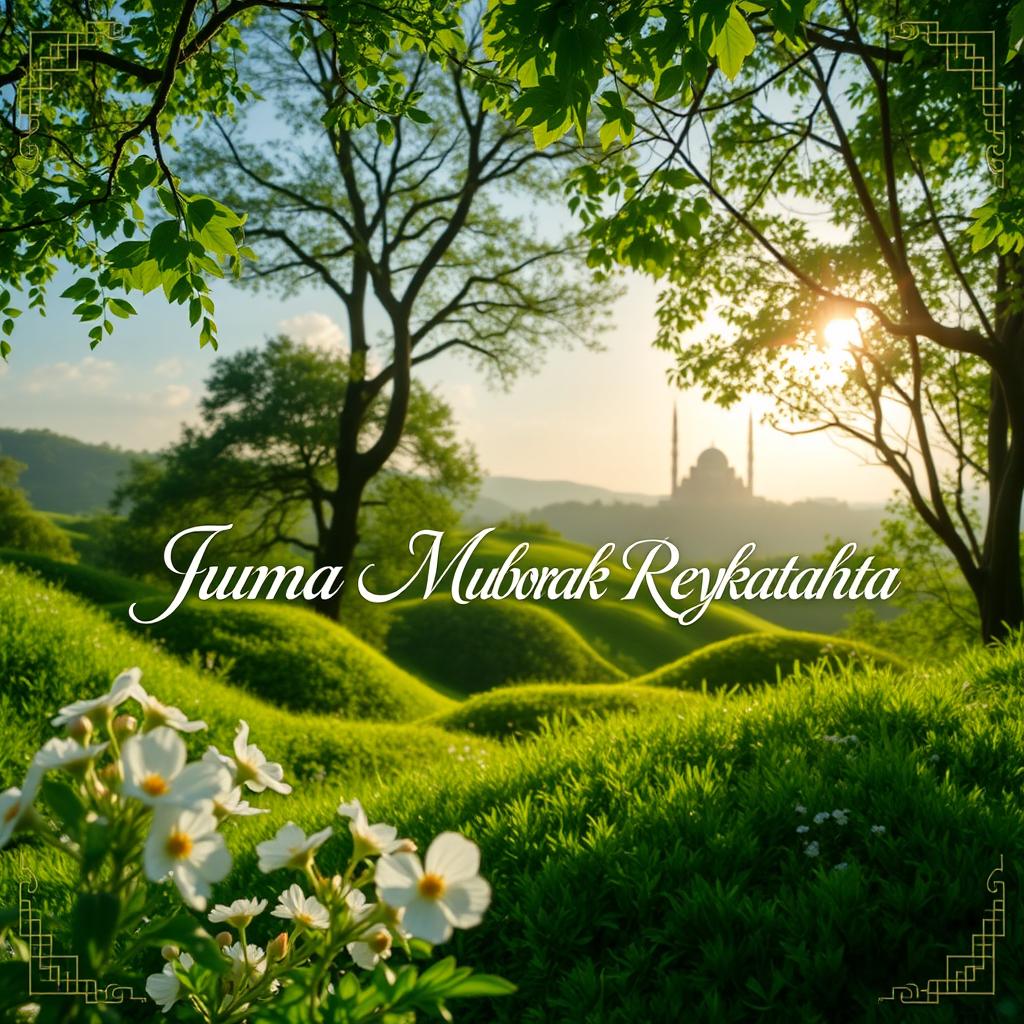 A beautiful nature background featuring lush green landscapes, delicate flowers, and soft sunlight filtering through trees, combined with elements related to Islamic art such as intricate geometric patterns or a silhouette of a mosque in the distance