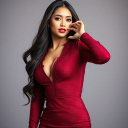 A sexy Indonesian girl wearing a stunning red maroon outfit, striking a confident and alluring pose