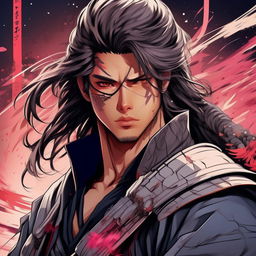 Modify the samurai man in the epic sci-fi anime line art illustration to be more handsome, depict as a young adult and intensify the anime style.