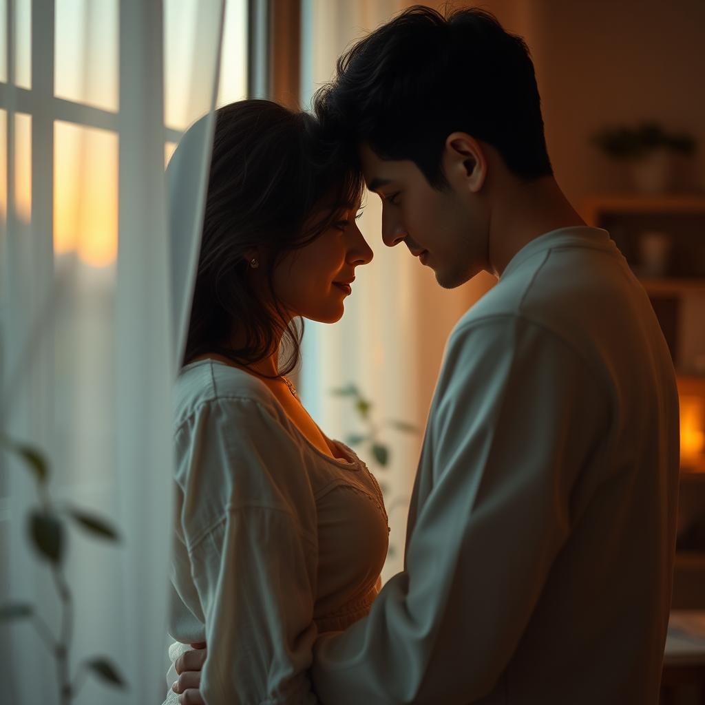A romantic scene featuring a couple gazing at each other through a window, creating an intimate atmosphere