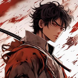 Modify the samurai man in the epic sci-fi anime line art illustration to be more handsome, depict as a young adult and intensify the anime style.