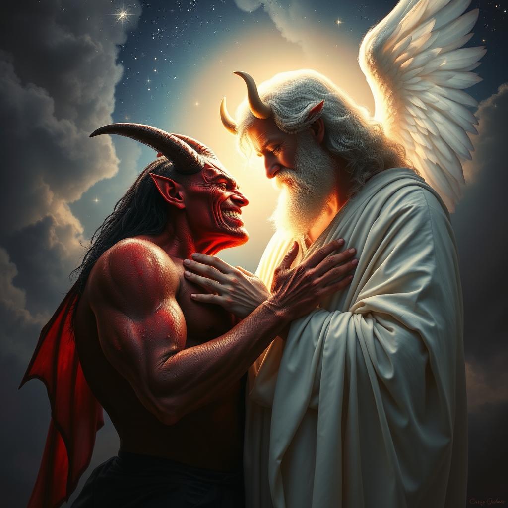 A dramatic and symbolic scene depicting the Devil and God in a moment of intimacy, showcasing their contrasting nature