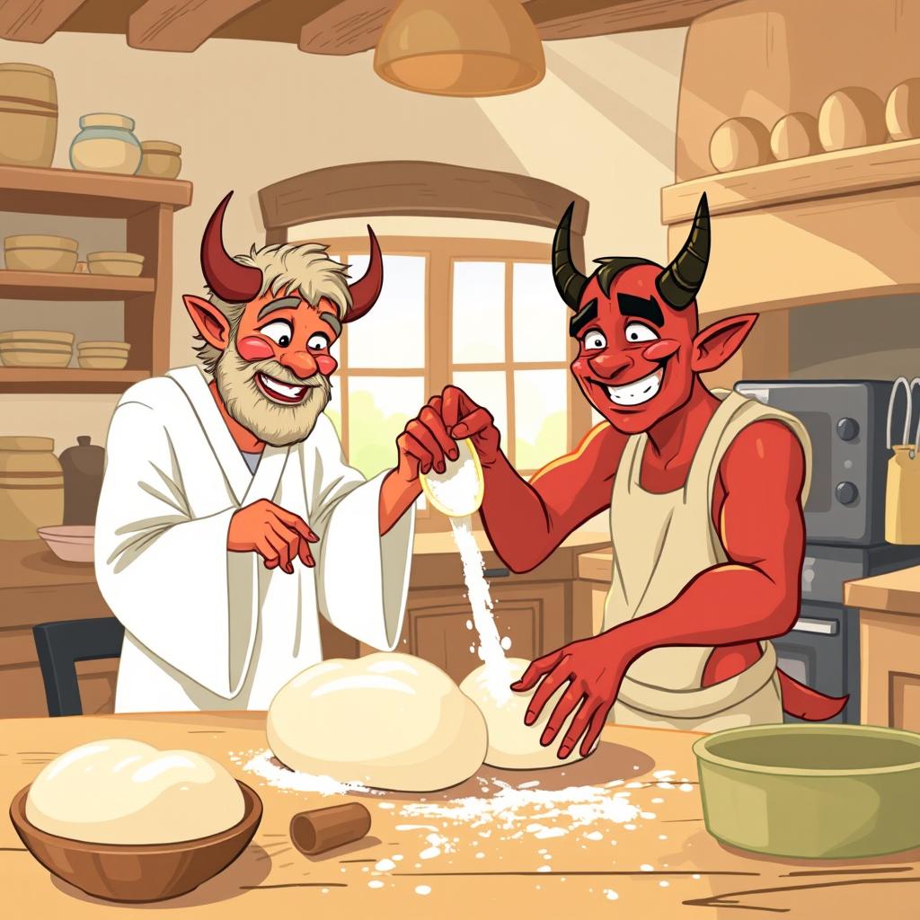 A whimsical and humorous scene depicting the Devil and God working together in a cozy kitchen, making bread