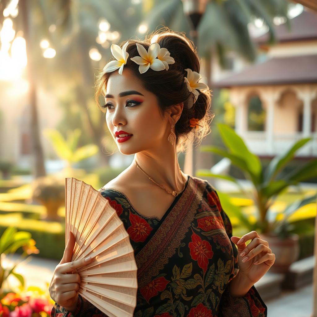 A beautiful Javanese woman in traditional attire, showcasing vibrant batik patterns and an intricate kebaya