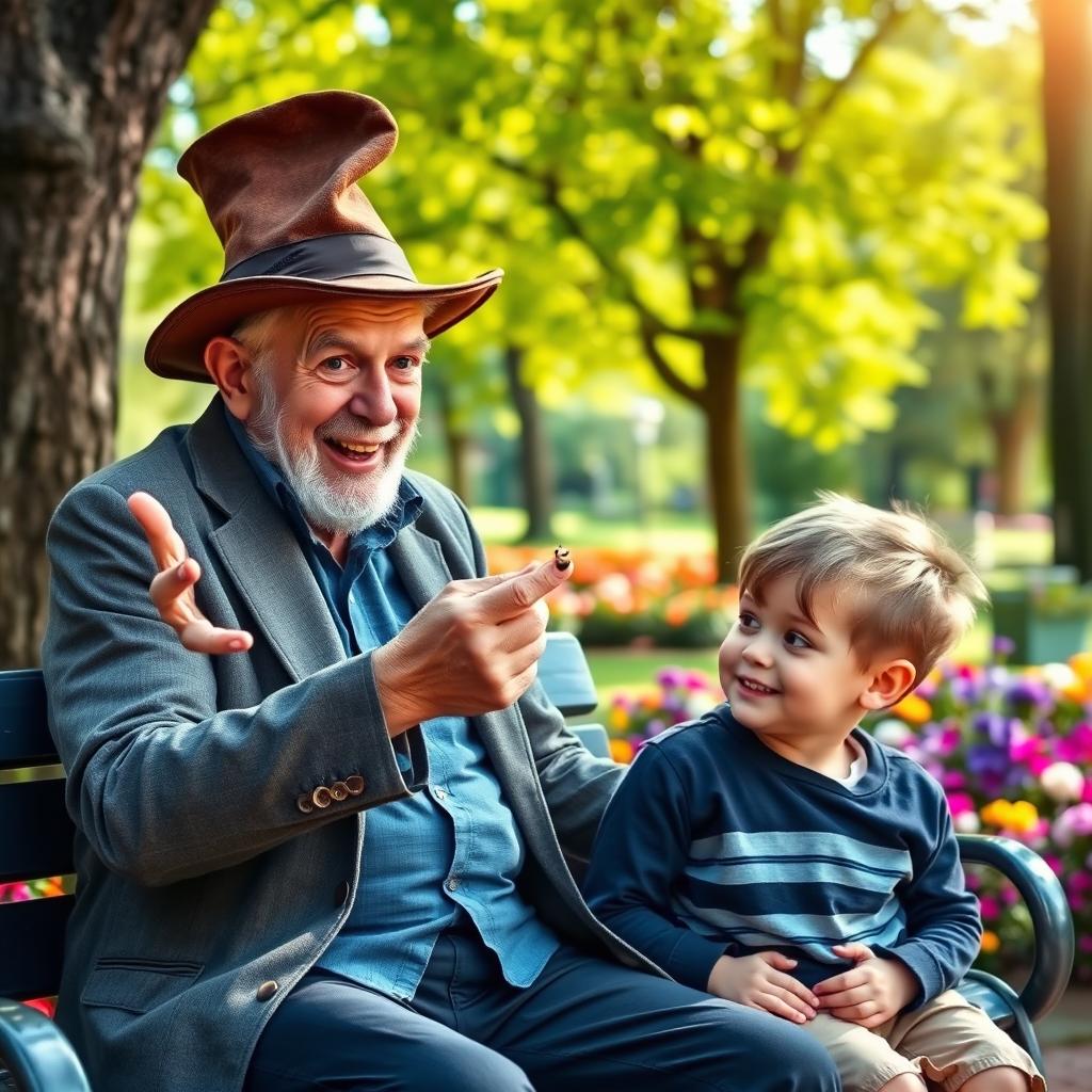 An old man with a mischievous grin playfully tricking a young boy in a vibrant park setting