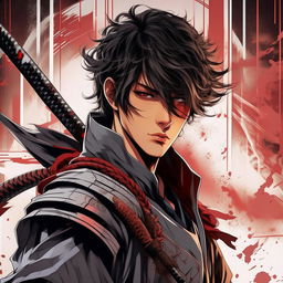 Modify the samurai man in the epic sci-fi anime line art illustration to be more handsome, depict as a young adult and intensify the anime style.