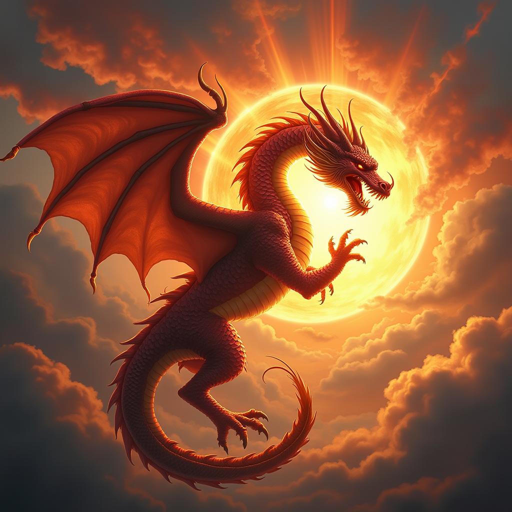 A majestic dragon gripping the sun with its claws, radiating warmth and light