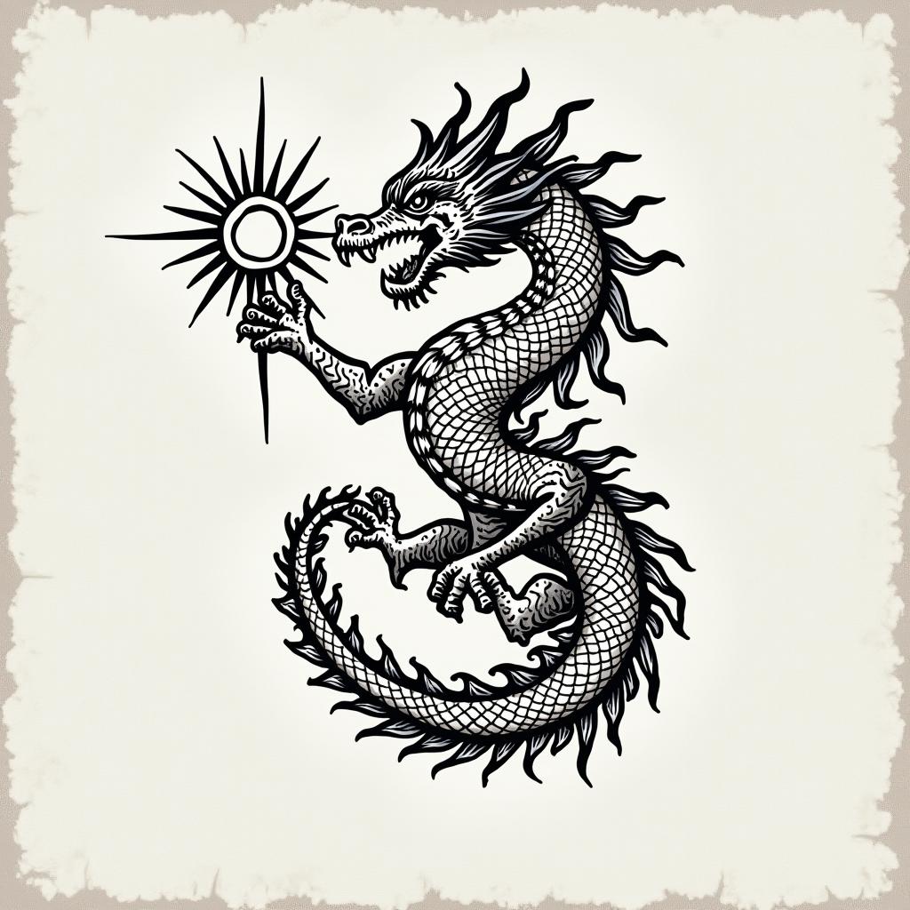 A detailed black and white tattoo design of a dragon holding the sun, depicted on a textured paper background