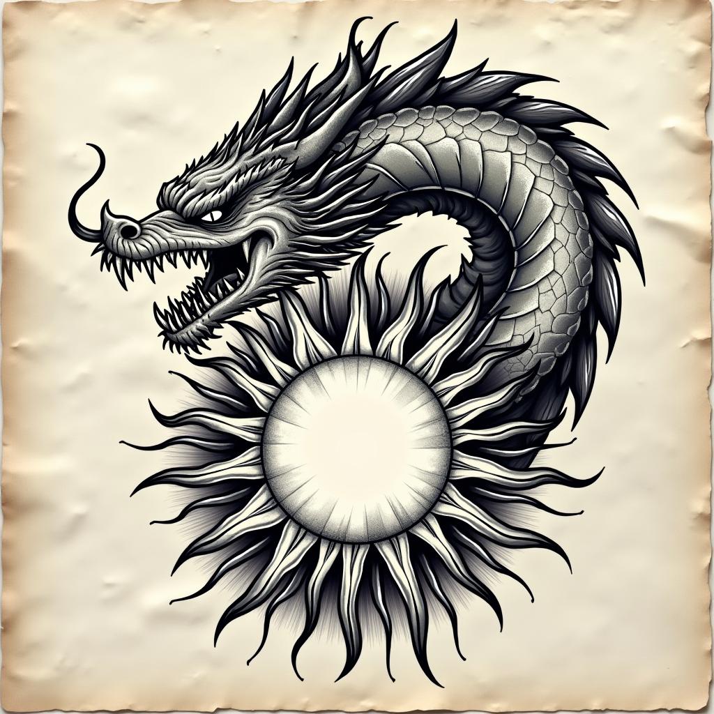 A fierce black and white tattoo design of an angry dragon holding the sun in its claws, depicted on a textured paper background