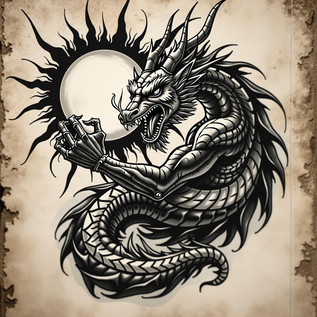 An intense black and white tattoo design featuring an angry dragon fiercely holding the sun