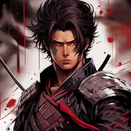 Modify the samurai man in the epic sci-fi anime line art illustration to be more handsome, depict as a young adult and intensify the anime style.