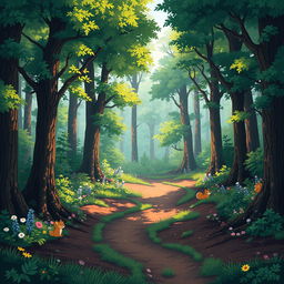 A richly detailed forest background designed for a pixel art game, featuring tall, lush trees with vibrant green leaves, a variety of colorful wildflowers scattered across the forest floor, and dappled sunlight filtering through the canopy