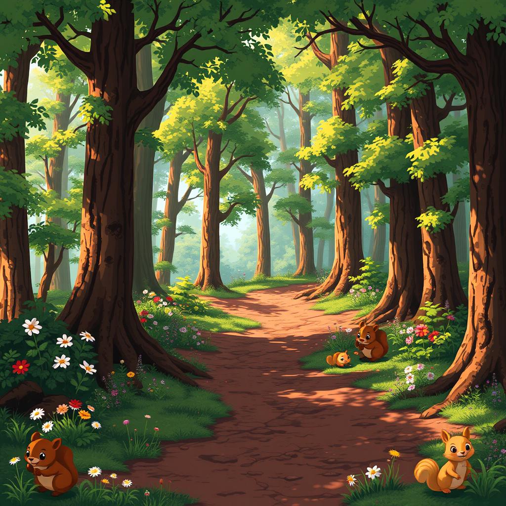 A richly detailed forest background designed for a pixel art game, featuring tall, lush trees with vibrant green leaves, a variety of colorful wildflowers scattered across the forest floor, and dappled sunlight filtering through the canopy