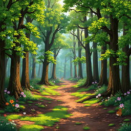 A richly detailed forest background designed for a pixel art game, featuring tall, lush trees with vibrant green leaves, a variety of colorful wildflowers scattered across the forest floor, and dappled sunlight filtering through the canopy