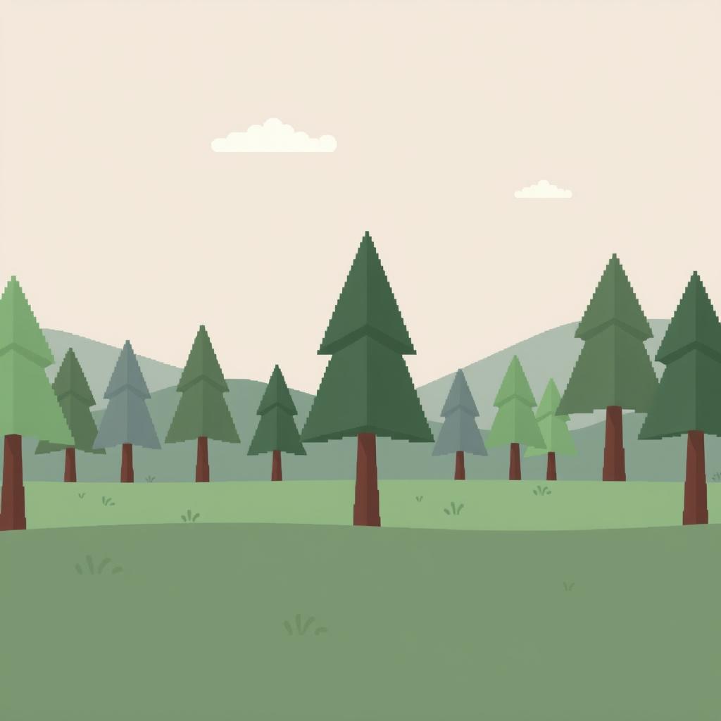 A minimalist forest background for a pixel art game, featuring simple, stylized trees with geometric shapes and a limited color palette of greens, browns, and soft blues