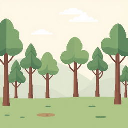 A minimalist forest background for a pixel art game, featuring simple, stylized trees with geometric shapes and a limited color palette of greens, browns, and soft blues