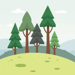 A minimalist forest background for a pixel art game, featuring simple, stylized trees with geometric shapes and a limited color palette of greens, browns, and soft blues