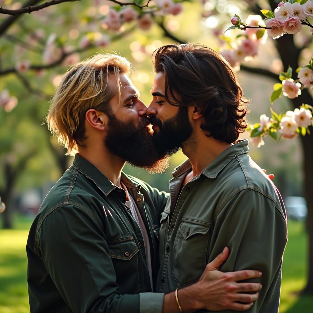 A romantic scene depicting two men kissing