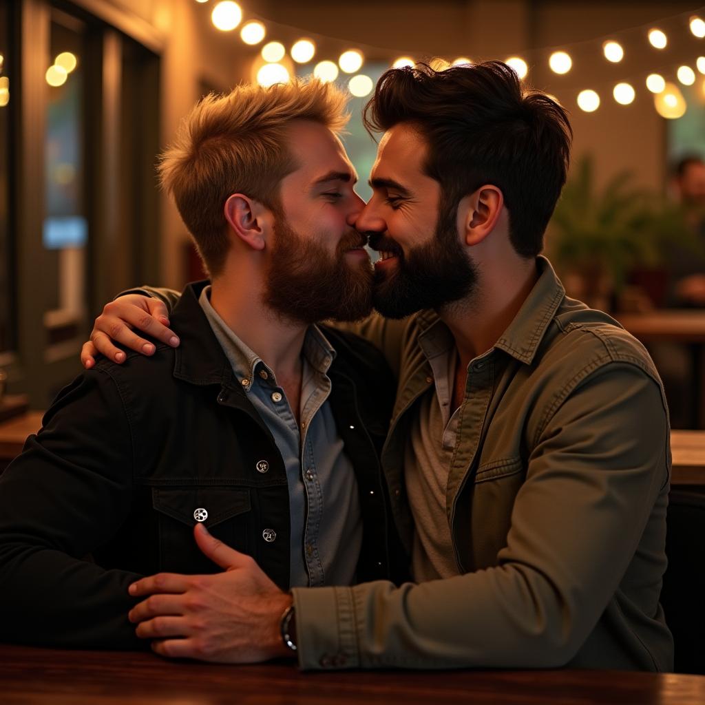 A heartfelt moment featuring two men kissing