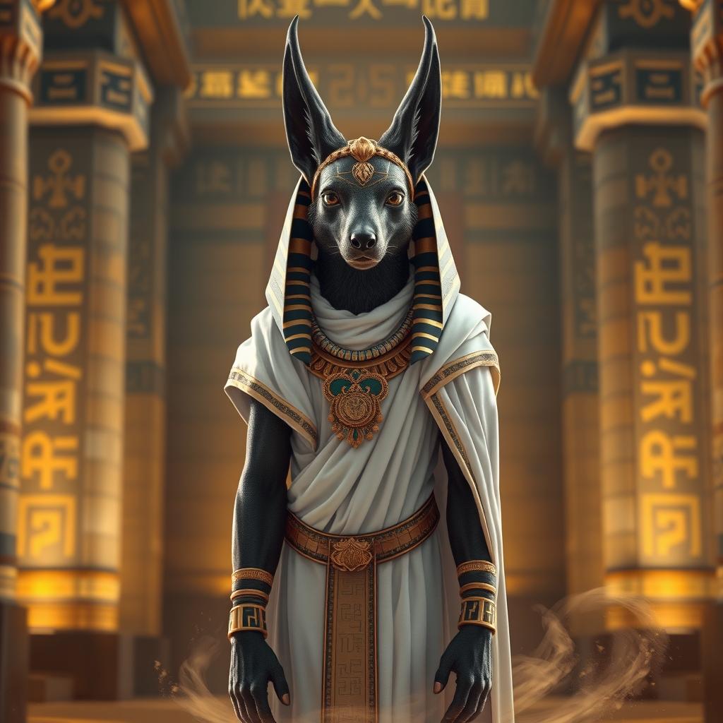Anubis, the Egyptian god of the afterlife, depicted in a white Arabian thobe, standing majestically with a serious yet elegant expression