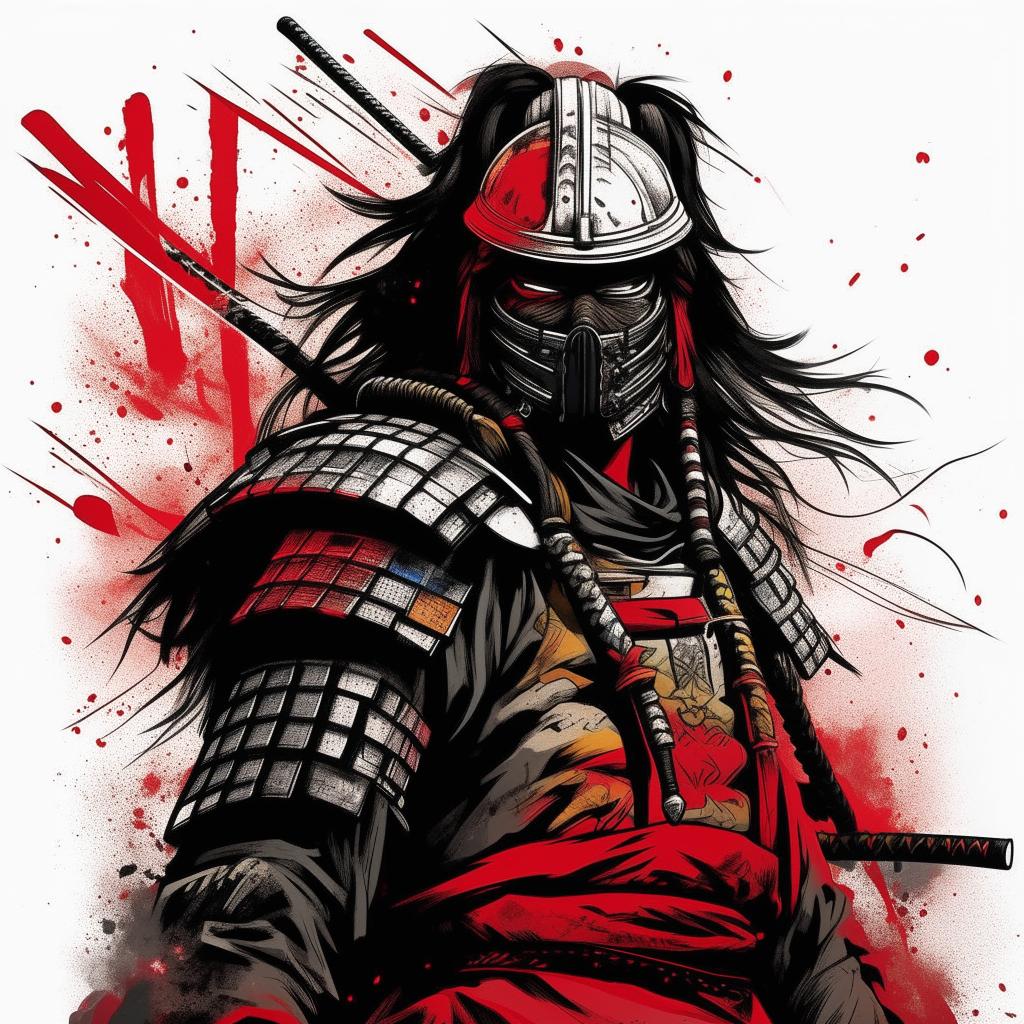 Convert the modified animated sci-fi samurai man illustration into black and white line art, with a splash of color accentuating his heroic character.