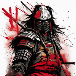 Convert the modified animated sci-fi samurai man illustration into black and white line art, with a splash of color accentuating his heroic character.