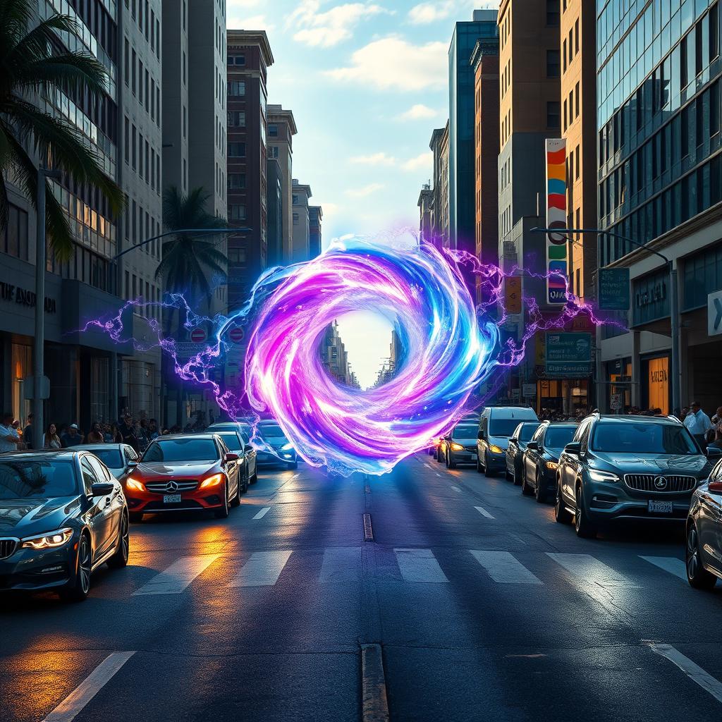 A vibrant city street bustling with traffic, where a mystical dimensional portal hovers right in the middle of the road