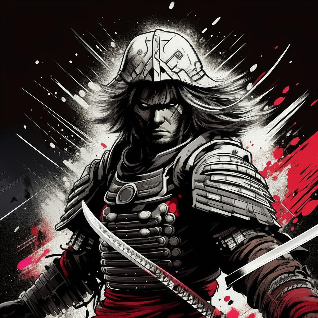 Convert the modified animated sci-fi samurai man illustration into black and white line art, with a splash of color accentuating his heroic character.