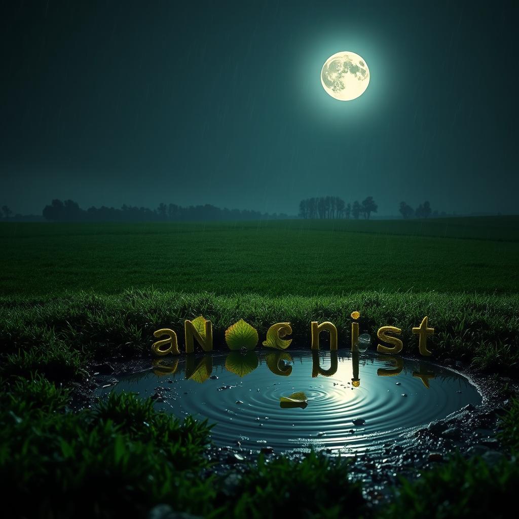 A serene nighttime landscape showing a field drenched in rain, with a bright full moon illuminating the scene