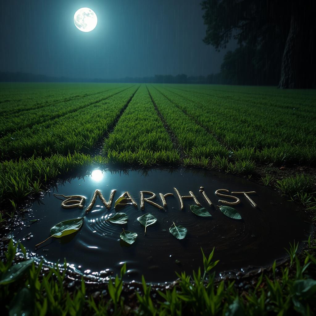 A tranquil nighttime field immersed in rain, with a bright full moon casting its light onto a puddle