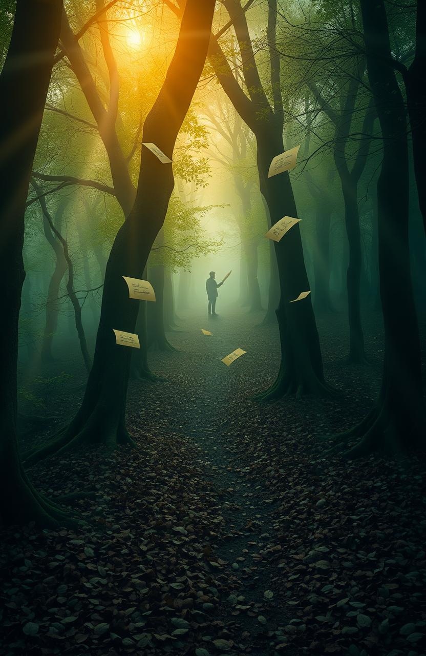 A mystical forest scene representing 'The Trail of the Lost Writer': a narrow, winding path covered with fallen leaves leading deeper into a dense, foggy woodland