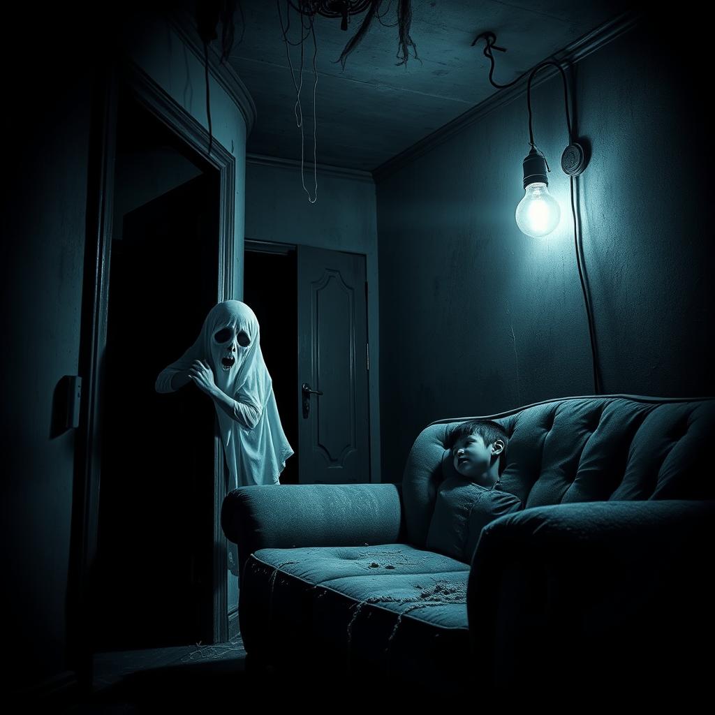 A chilling horror scene titled 'Ciluk Bah!': set in a dimly lit, abandoned house that reveals hints of past terror