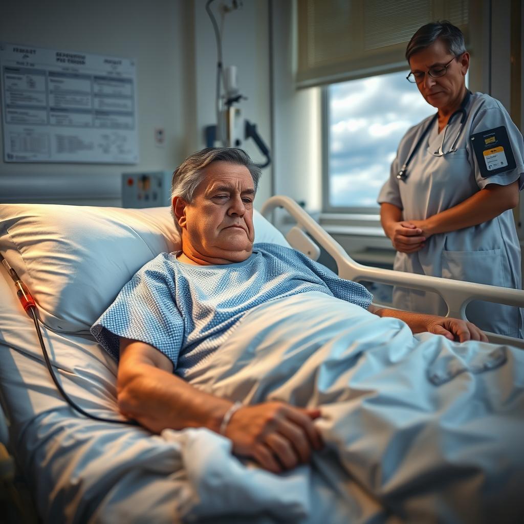A patient lying on a hospital bed, looking weak and uncomfortable while experiencing symptoms of pneumonia