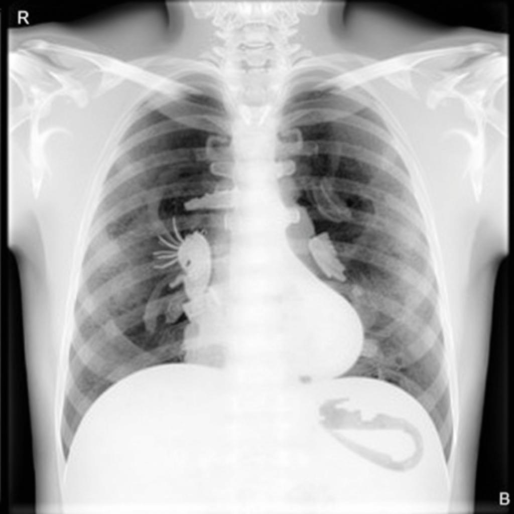 A detailed and clear chest X-ray image displaying atelectasis, highlighting areas of lung collapse