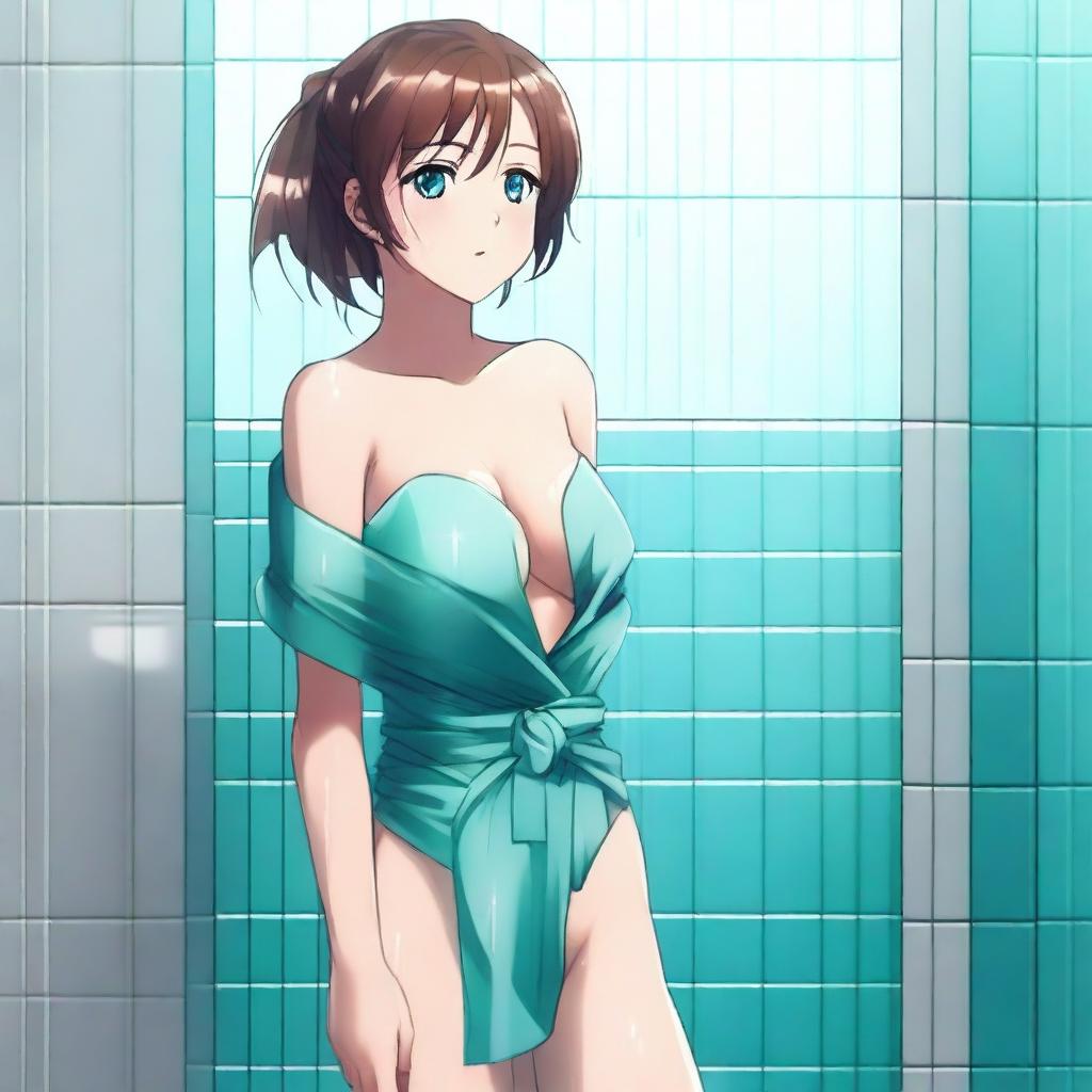 A high-quality digital art image presents an attractive anime-style girl with brown hair in a bathroom setting