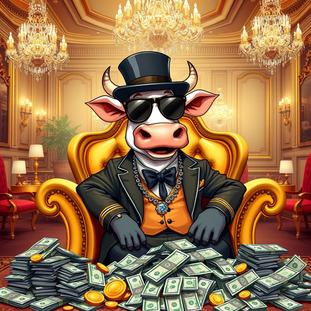 A cartoonish wealthy cow, dressed in a lavish blazer and a top hat, sitting comfortably on a golden armchair