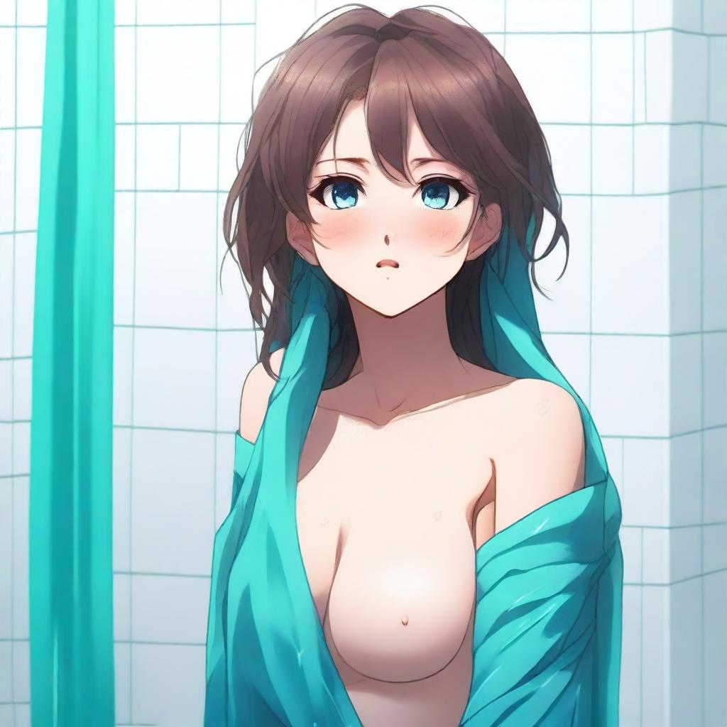 A high-quality digital art image presents an attractive anime-style girl with brown hair in a bathroom setting