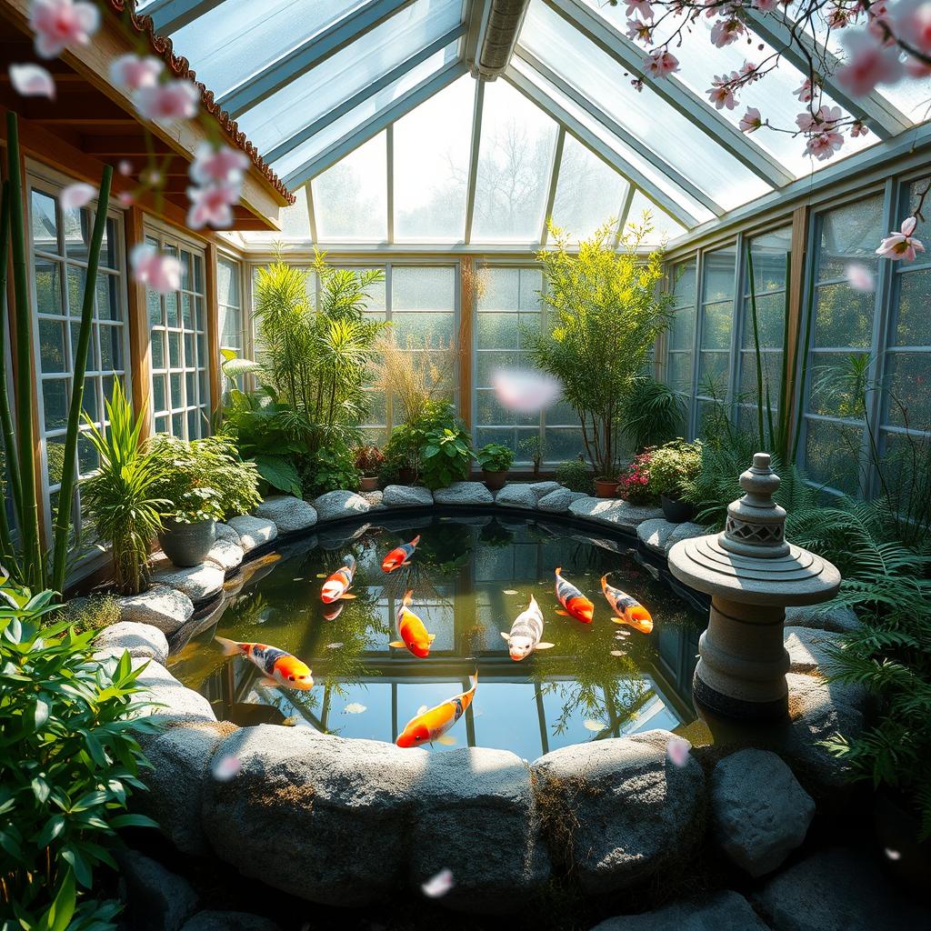 A tranquil Japanese garden featuring a serene Koi pond nestled within a charming small greenhouse