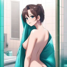 A high-quality digital art image presents an attractive anime-style girl with brown hair in a bathroom setting